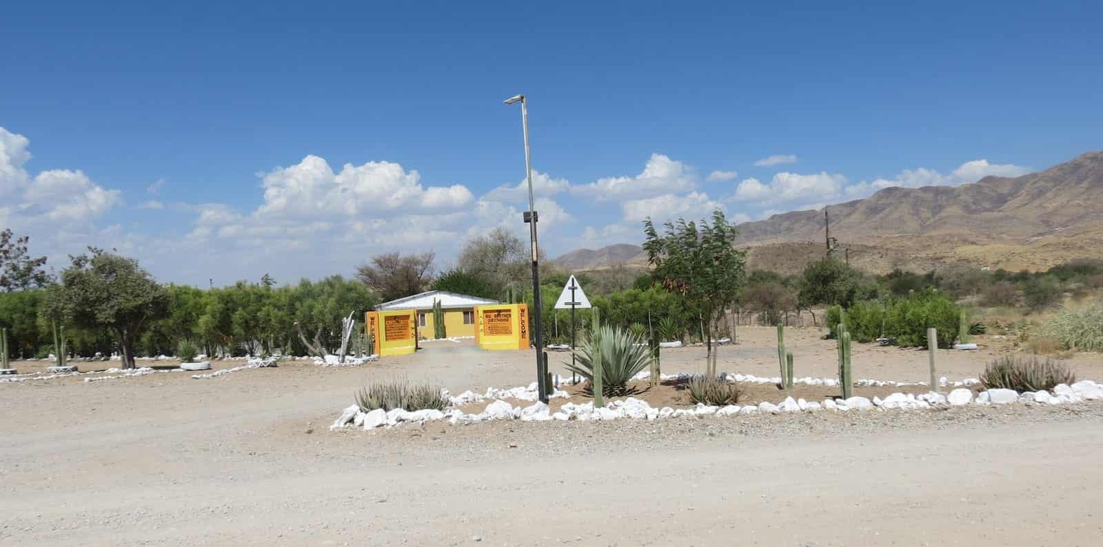 The plot from the road with cacti and the bungalow
