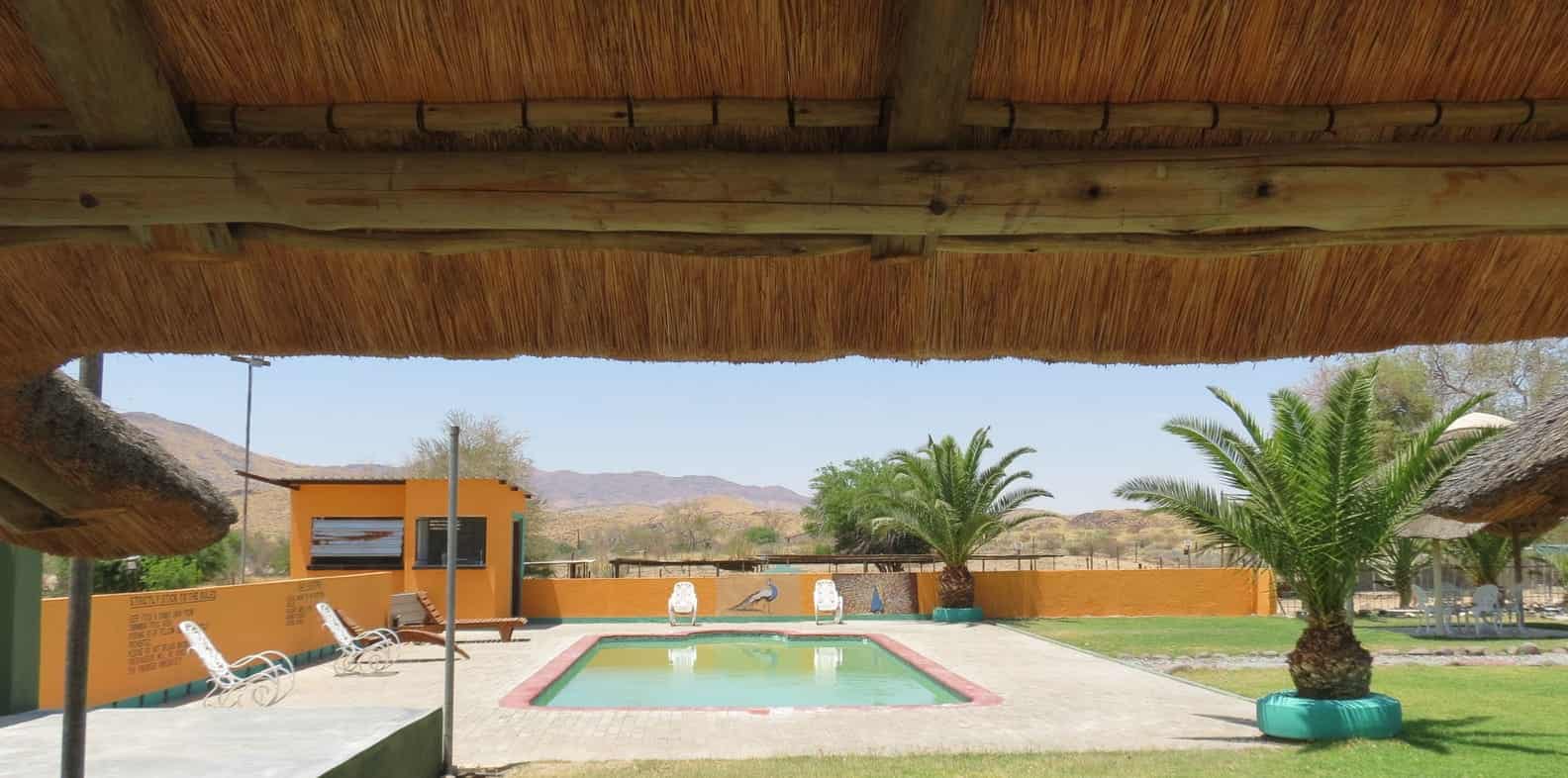 Pool edge with lawn and thatched umbrella